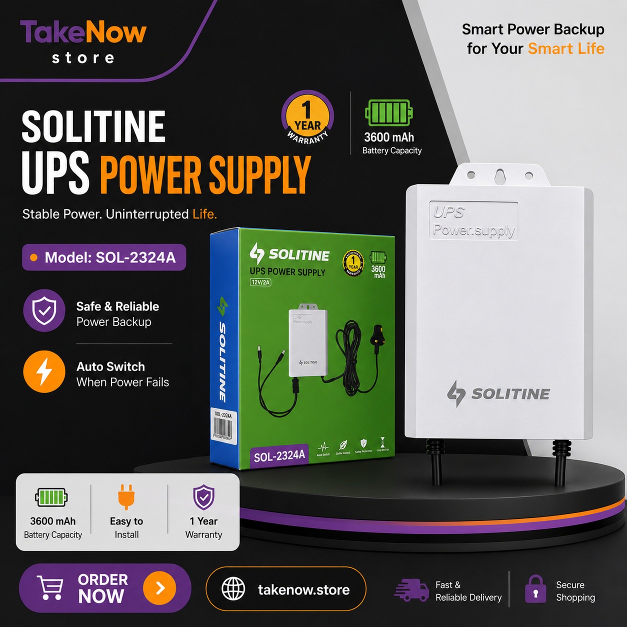 Solitine SOL-2324A 12V/2A UPS Power Supply | 3600mAh